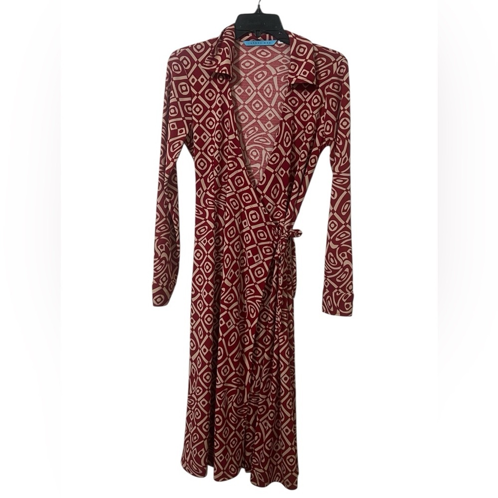 Johnny Was red and tan geometric print long sleeve wrap dress vintage 70s boho - Picture 3 of 15